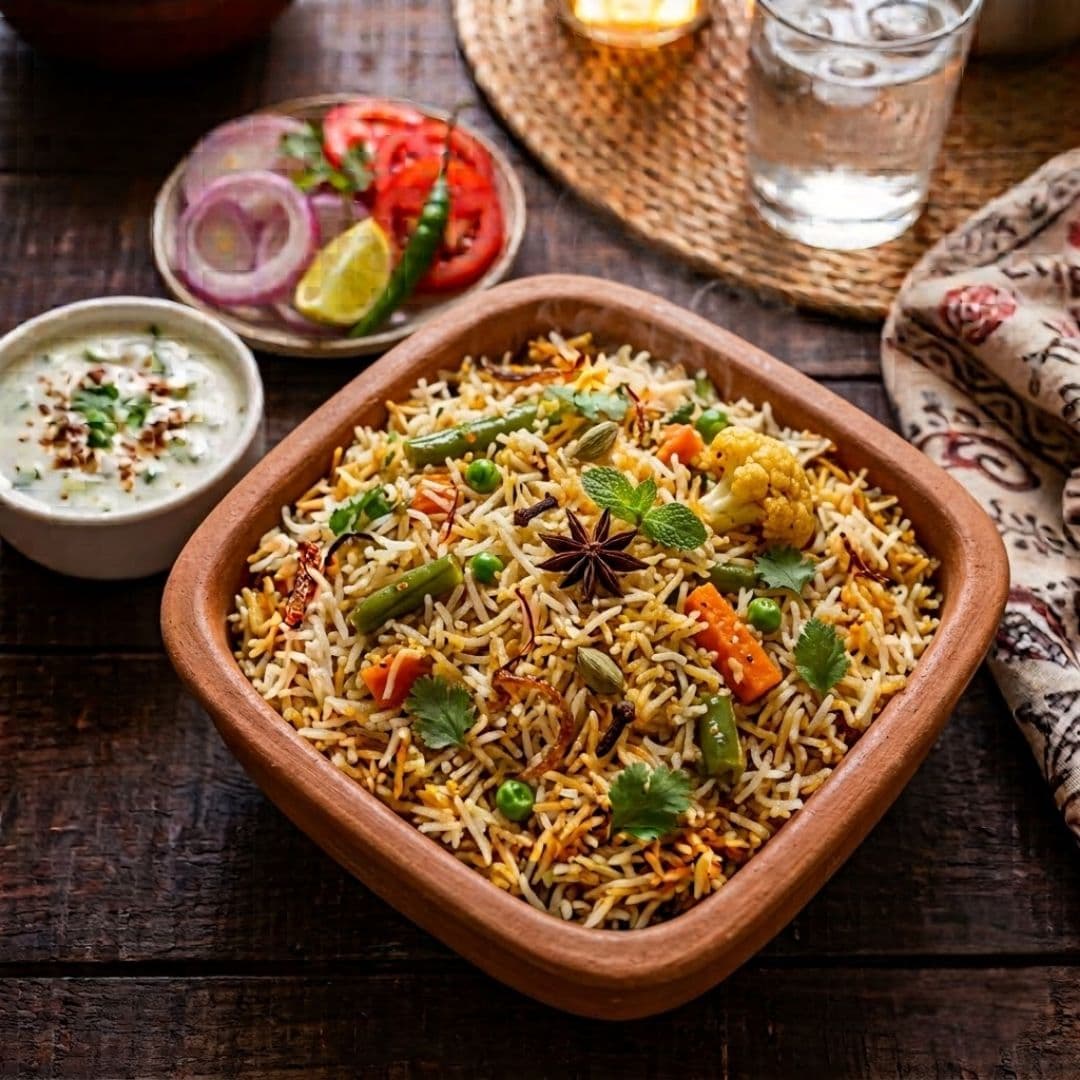 Veg dum biryani served with raita, one of the options for mixed guest lists